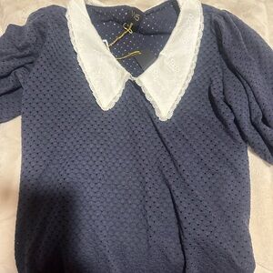 W5 Dark Blue Top with White Lace Collar